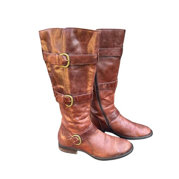 Born B.O.C. Tall Brown Leather Riding Boots Zip Side Women’s 6.5 Buckle - Picture 1 of 5